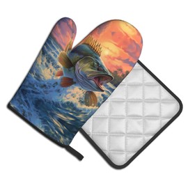 YYHWHJDE bass Fishing Wave Printing Oven Mitts and Pot Holders Sets of 2 Kitchen Baking Used to Open Pot lids in The Kitchen and to Carry Dishes from Microwave ovens