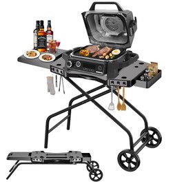GRISUN Foldable Grill Cart for Ninja OG700–OG750 & Blackstone 22" | Portable BBQ Stand with Wheels, Side Table & Storage Basket