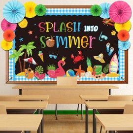 Tudomro Summer Bulletin Board Decorations with 12 Paper Fans Summer Beach Classroom Bulletin Board Backdrop Set Palm Fruits Ice Cream Slippers design for Tropical Hawaii Holiday School Home Wall Decor