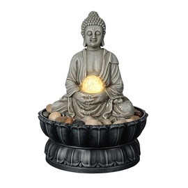Kalona Home Décor 9.6" Tabletop Fountain Exquisite Smile Sitting Buddha Fountains Desk Water Fountain Decorative Zen Fountain w/LED/Glass Rolling Ball/Cobblestone Office and Home Decor(21127B)