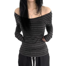 Womens Long Sleeve Grunge Aesthetic Shirts Striped Off Shoulder Tops Teen Girls Alt Emo Goth Streetwear Y2k Clothes (Dark Grey,M)