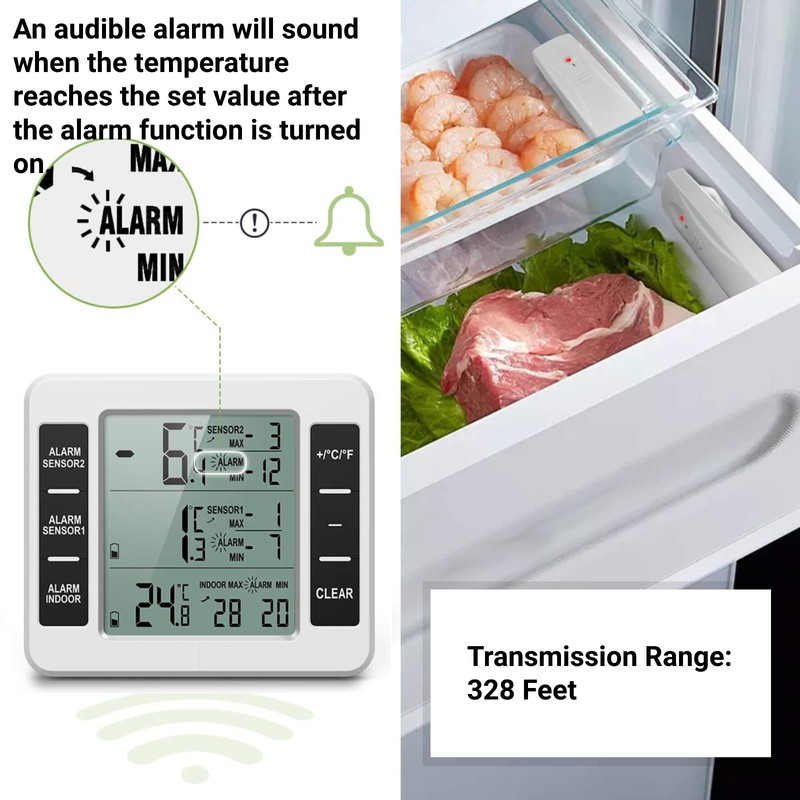 Wireless Digital Audible Fridge Thermometer Freezer Thermometer with 2-Piece Sensor