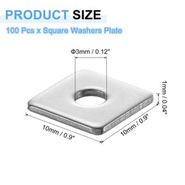 sourcing map 100Pcs 3/8" Square Plate Washer for 1/8" Bolt, 304 Stainless Steel Bearing Plate Flat Washers Spacer Gasket for Machinery Repair, Outdoor Construction (0.04" Thick)