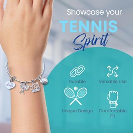 Infinity Collection Tennis Charm Bangle Bracelet, Tennis Jewelry, Tennis Racket Charm Bracelet Gift for Tennis Players, Partners, Coaches & Tennis Teams