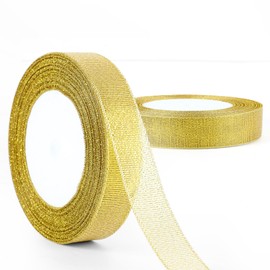 GXFCING Gold Organza Ribbon 20mm, 44m Glitter Gold Christmas Ribbon for Gift Wrapping, Crafts, DIY Sewing, Cakes, Weddings, Christmas, Easter, Party Decorations, 22m/roll