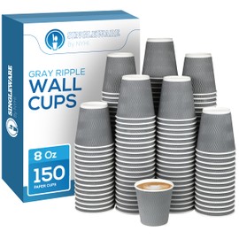 NYHI Set of 150 Ripple Insulated Gray Paper Cups Coffee Tea Hot Cups Recyclable 3 Layer Rippled Wall For Better Insulation Perfect for Cappuccino Hot Coco or Iced Drinks (8 oz - 150 pack)