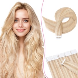 SEGO Pro Tape in Hair Extensions Real Human Hair 20 Inch 20 Pcs 30g Invisible Seamless Straight Tape Extensions for Women, Ash Blonde mix Bleach Blonde