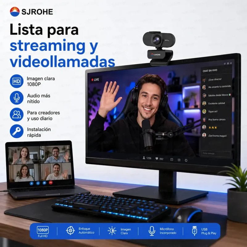SJROHE® Cámara Web 1080p Webcam Con Micrófono 30fps Color Negro