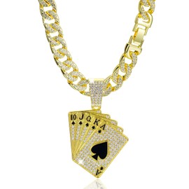 EDINGM Cuban Link Chain for Men, Miami Mens Silver Gold Plated Bling Necklace Diamond Iced Out Hip Hop Jewelry (Gold Chain+Poker Pendant)