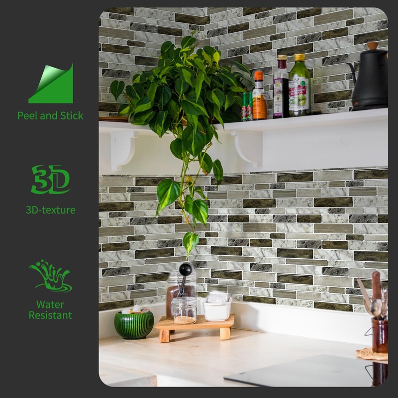 LONGKING Self-Adhesive Kitchen Backsplash, Marble Look Decorative Tiles (10 Tiles)