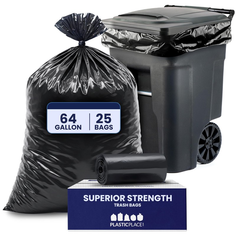 Plasticplace 64-65 Gallon Black Trash Bags, Heavy Duty Toter Can