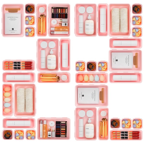 A-LuGei 【𝟮𝟮𝗣𝗖𝗦】 Plastic Pink Desk Drawer Organizer Tray Divider Set, Makeup Organization and Storage Bin Container for Office Utensils Bathroom Kitchen Bedroom Gadget Tool Pantry Cosmetic