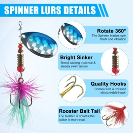 Rooster Bait Tail Spinner Fishing Lures Kit,30pcs Metal Spoon Lures with Feathered Treble Hooks for Bass Walleye Trout Freshwater Saltwater