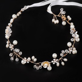 Flower Girl Hair Accessory for Wedding Flower Girl Headband Flowers Crown Bridal Pearl Headpiece Wedding Princess Headband Crystal Hair Accessories for Birthday Party First Communion Weddings(Gold)