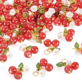 Boutigem 40Pcs Glass Red Cherry Charms with Acrylic Green Leaf Beads White Flower Beads 3D Cherry Dangle Pendants Cute Fruit Charms for DIY Crafts Earring Necklace Bracelet Jewelry Making