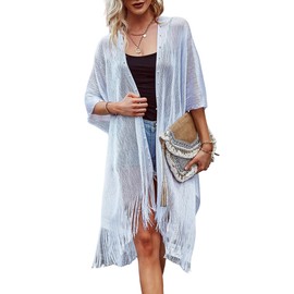 Ferand Women's Pearl Fringe Kimono Cardigan Sheer Loose Swim Cover Up for Beach, Pool, and Vacation, Silver