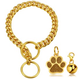 LuxLife Gold Cuban Link Dog Collar, 10MM Stainless Steel, 5 Layer 18K Gold Plated, 'O' Lock, Bell & Bone Tag, Small to Large Dogs