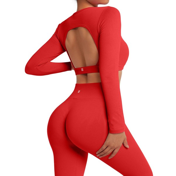 SUUKSESS Open Back Long Sleeve Scrunch Butt Booty Leggings Seamless Ribbed Workout Sets 2 Piece Outfits (#2 Red, M)