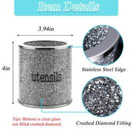 HMRCYTE Diamond Utensil Holder, Crystal Glass Silver Utensil Makeup Brush Organizer Bling Flatware Storage Crocks for Countertop Crushed Diamond Home Decor Spoon Knife Fork Holder for Kitchen Counter