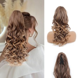 Ponytail Extension, 18 Inch Long Pony tails Hair Extensions for Women Wavy Curly Claw Clip Ponytail Fluffy Natural Fake Pony tail Hair Pieces for Women (Dark Ash Blonde with Golden Ends, 18 Inch)