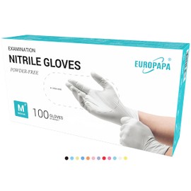 EUROPAPA® Disposable Nitrile Examination Gloves, Powder–Free, Latex–Free, Non–Sterile, Box of 100, M, White