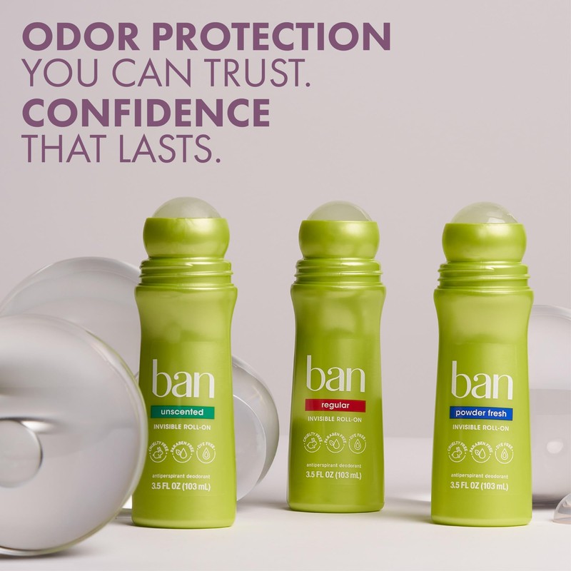 Ban Invisible Roll-on Antiperspirant Deodorant for Women and Men, 24-hour