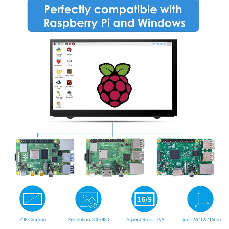 HMTECH 7 Inch Raspberry Pi Screen 800x480 HDMI Portable Monitor