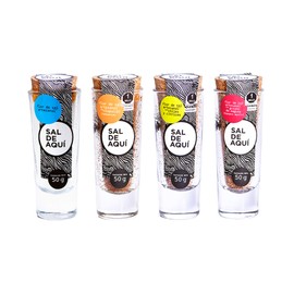 SAL DE AQUÍ - Set de 4 frascos de sal premium - Sal de gusano de maguey/Sal de chapulín/Sal de chiles y citricos/Flor de sal natural - 30% menos sodio