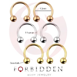 Forbidden Body Jewelry 3 Pairs 14g 12mm Surgical Steel/Gold Tone/Rose Gold Tone Horseshoes, 5mm Balls