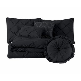 7 Piece Boho Chic Tufted Pin-Tuck Pleat Style Luxury Comforter Set Cal.King Size Tufted Farmhouse Textured Bed in a Bag | All Seasons Jet Black Color Aesthetic Bedding Soft Plush Cozy Look