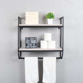 2-Tier Metal Industrial 23.6" Bathroom Shelves Wall Mounted,Rustic Wall Shelf Over Toilet,Towel Rack with Towel Bar,Utility Storage Shelf Rack, Floating Shelves Towel Holder,Retro White