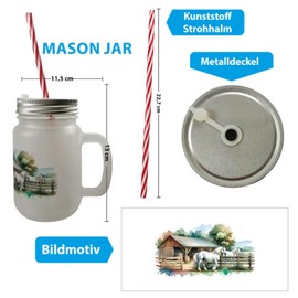 speecheese Horse Stable with Two Horses Mason Jar Handle Drinking Glass with Lid Horses in Stable Motif Equestrian Enthusiastic Boxing Background Ideal for Horse Lovers