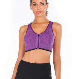 Womens Zip Front Sports Bra Wireless Post-Surgery Bra Racerback Yoga Sports Bras Purple