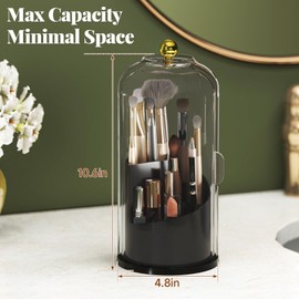 Delamu Makeup Brush Holder 360° Rotating – Clear Acrylic Cosmetic Case with Removable Dividers, Smooth Spinning Base & Sliding Door, Countertop Organizer for Makeup Brushes, Lipsticks,Black