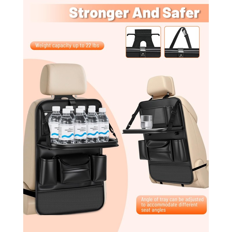2 Pack Leather Car Backseat Organizer with Foldable Table Tray,
