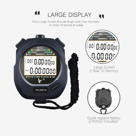 LEAP Stopwatch Professional Timer 10 Lap/Split Memory with Digital Extra Large Screen Water Resistant for School Coach Community or Personal Use Sport Event Timer, z-Upgraded 10 laps