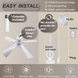SUKIMIH Socket Fan Light, 20.5", Plug in Ceiling Fan, Gazebo Fan, Outdoor/Indoor, 16.4 Ft Cord with Hook UL Listed, Ceiling Light with Remote (white)