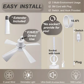 SUKIMIH Socket Fan Light, 20.5", Plug in Ceiling Fan, Gazebo Fan, Outdoor/Indoor, 16.4 Ft Cord with Hook UL Listed, Ceiling Light with Remote (white)