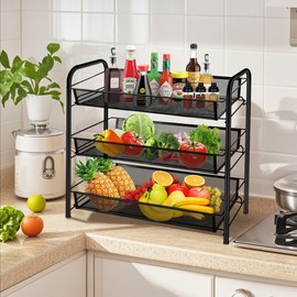 CVHOMEDECO. 3 Tier Fruit Basket Large Capacity Rectangular Metal Fruit Bowl Detachable Metal Fruit Stands Organizer for Kitchen Counter, Bread, Vegetable, Snack and Fruits. Black
