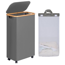 efluky Slim Laundry Basket with Wheels, Narrow Rolling Laundry Hamper with Lid and Removable Bag, Tall Aesthetic Dirty Clothes Hamper on Wheels for Laundry Room, Bedroom, Dorm and Bathroom, 75L Grey