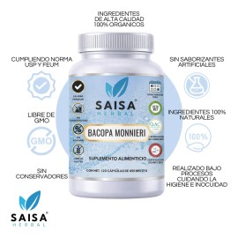 Bacopa Monnieri 450 120 Cápsulas Saisa Herbal Suplemento Cognitivo Natural Memoria Enfoque Claridad Mental