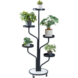 CHPHI Plant Stand Indoor 5-Tier Wrought Iron Plant Stand, Metal Plant Stand with Wheels, Metal Rolling Plant Stand with 5 Trays, Multi-tier Rolling Display Stand for Home and Office(Black)