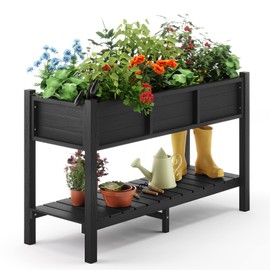 LUE BONA Raised Garden Bed with Tools, 47*18*29 in, Poly Elevated Planter Box with Legs And Storage Shelf, Weather Resistant, 3-Year Warranty, Standing Growing Bed Herb Planter for Vegetable, Black