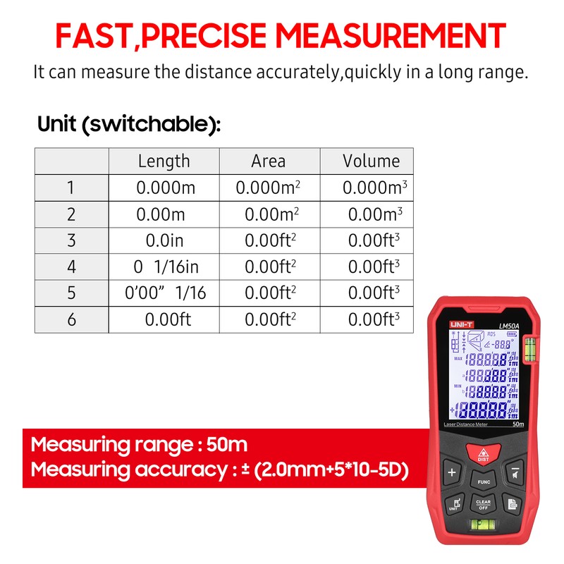 UNI-T LM50A Laser Distance Measure Meter 50M with 2 Bubble