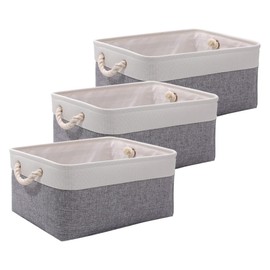 June tech Small Fabric Storage Basket with Handles Waterproof Foldable Storage Baskets Canvas Linen Storage Baskets for Clothes, Toys, Towels, Office Products (Grey & White-3 pack)