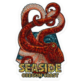 Die Cut Sticker Seaside, Oregon, Mosaic Octopus, Contour Vinyl Sticker 3 to 6 inches, (Waterproof Decal for Cars, Water Bottles, Laptops, Coolers), Large