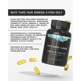 Omega 3 Capsules High Strength with EPA & DHA, (Fish Oil 1,000mg, EPA 180mg, DHA 120mg) Joint Care Supplements, Essential Fatty Acids & Oils Nutritional Supplements (90 Day Supply) - by Futuro Labs