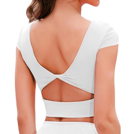 DaiLiWei Open Back Workout Tops for Women Short Sleeve Longline Sports Bras Support Crop Tank Yoga Shirts with Built in Bra White