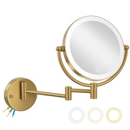 Espejo de maquillaje de baño cableado para montaje en pared, dorado, espejo de maquillaje de doble cara con aumento de 1/10X, con luces, 3 colores y brillo ajustable, espejo de afeitar con