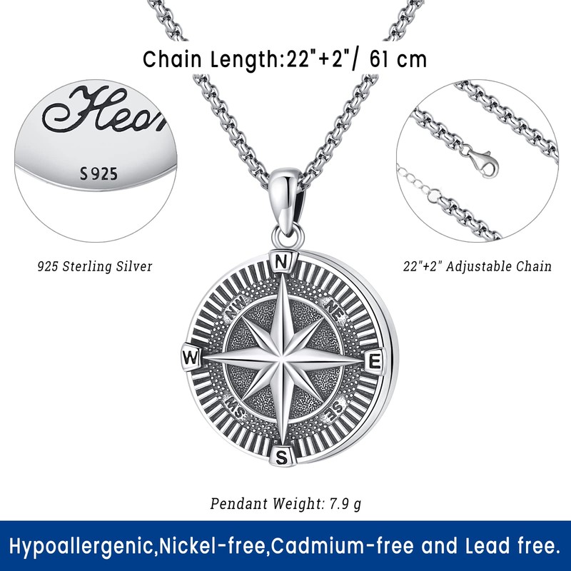 Eusense Compass Necklace 925 Sterling Silver Jewelry Compass Locket Necklace